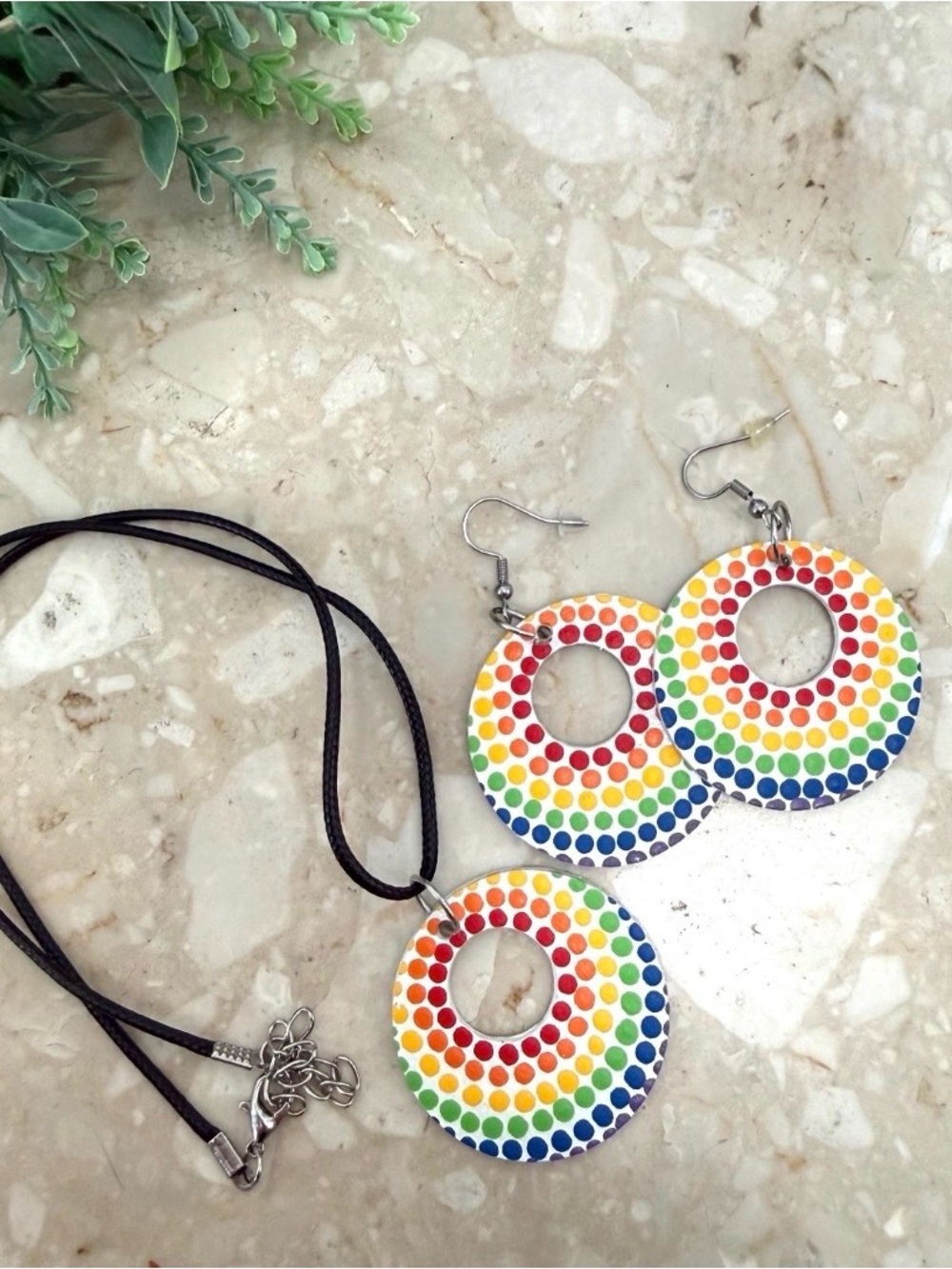 Dot Painted 1.5” open circle rainbow earring and necklace set, handmade